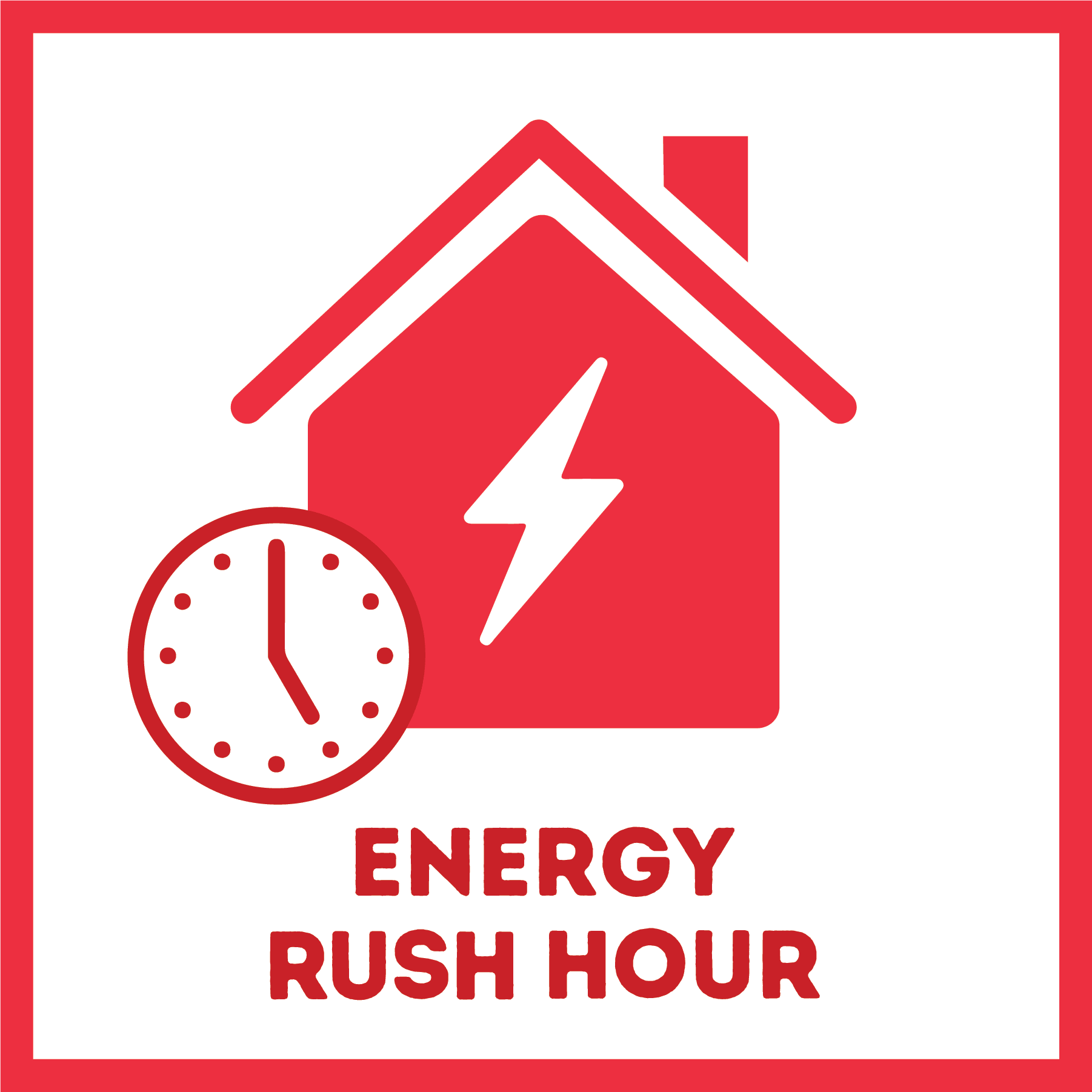 Red house icon with superimposed clock on bottom-left corner and lightening bolt inside the house.