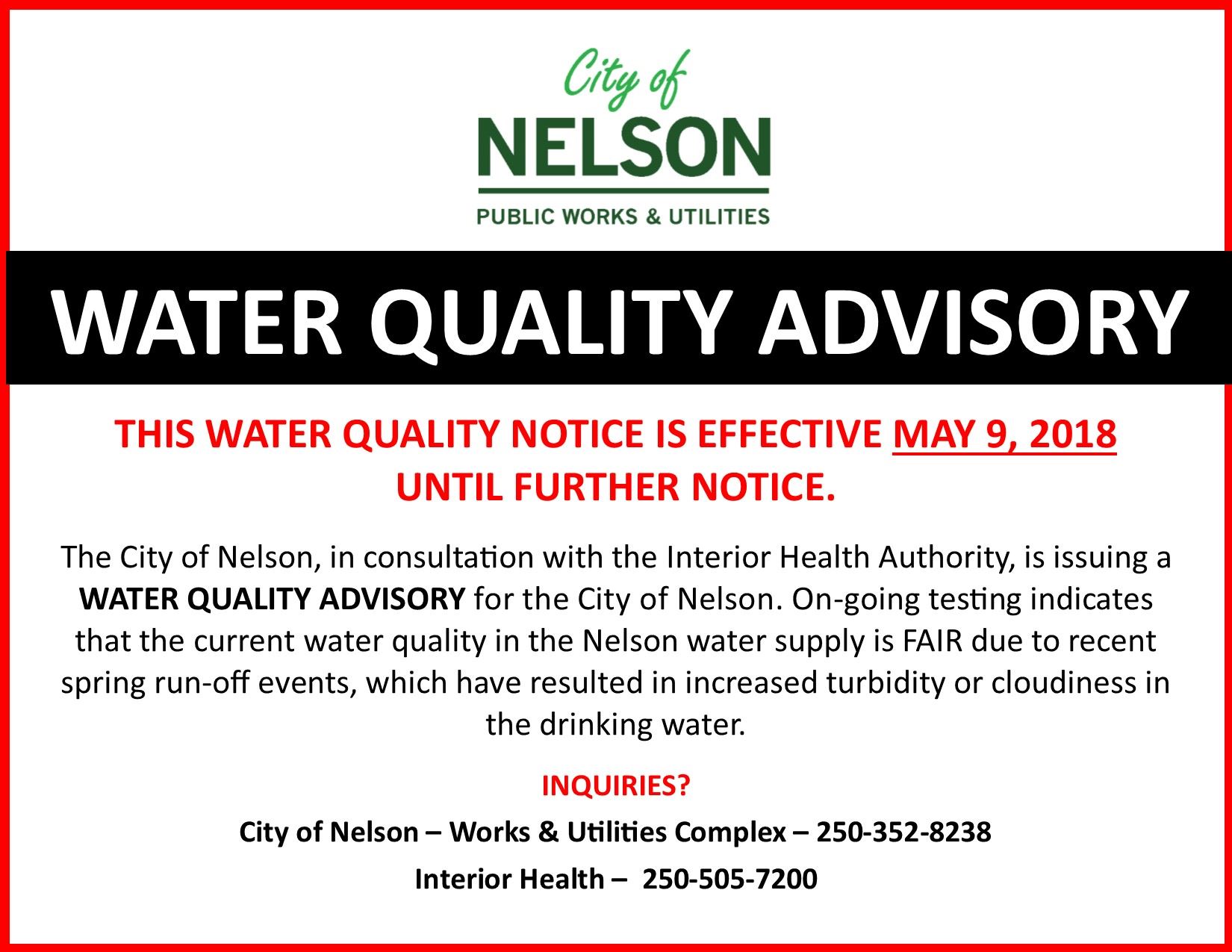 Water Quality Advisory May 8 2018